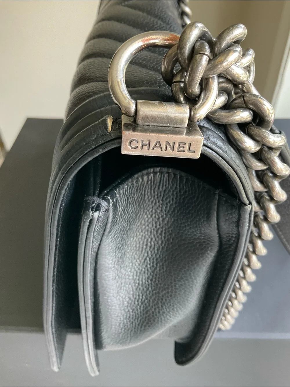 Chanel Black Caviar Chevron Large Boy Bag